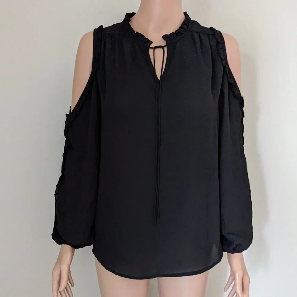 Cooper & Ella Black Cold Shoulder Blouse medium black Tie Neck Ruffles Workwear